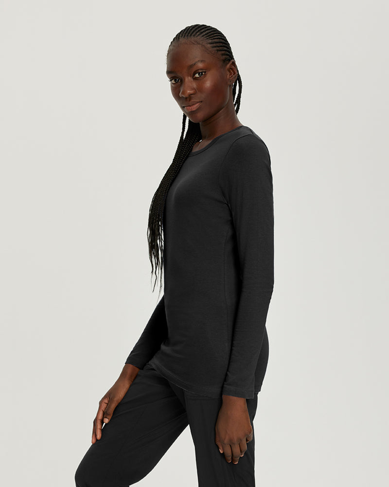 Black - White Cross Core Women's Long Sleeve Crew Neck Underscrub Scrub Tee for Nursing
