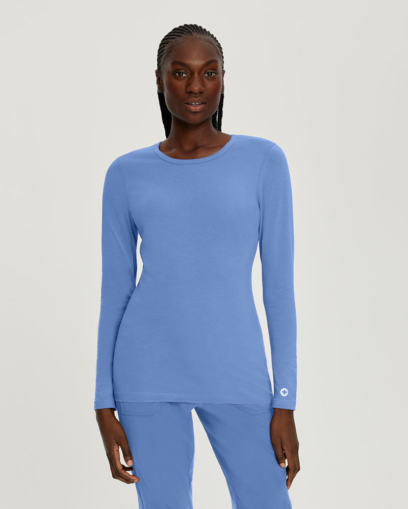 Ceil Blue - White Cross Core Women's Long Sleeve Crew Neck Underscrub Scrub Tee for Nursing