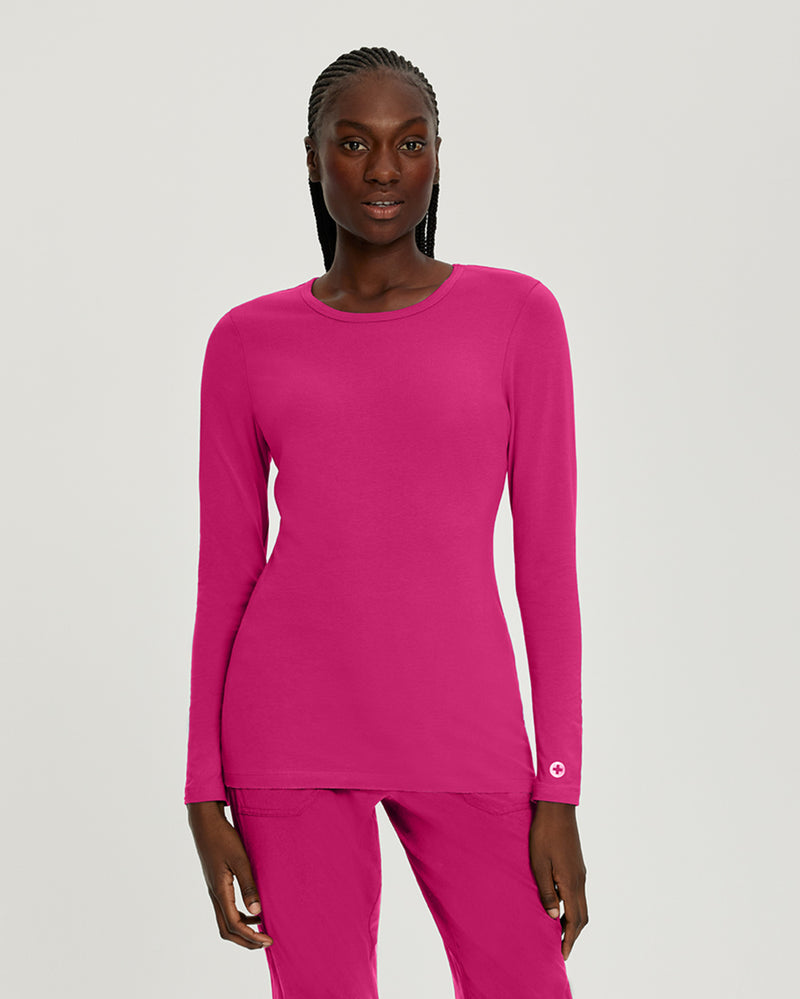 Fuchsia - White Cross Core Women's Long Sleeve Crew Neck Underscrub Scrub Tee for Nursing