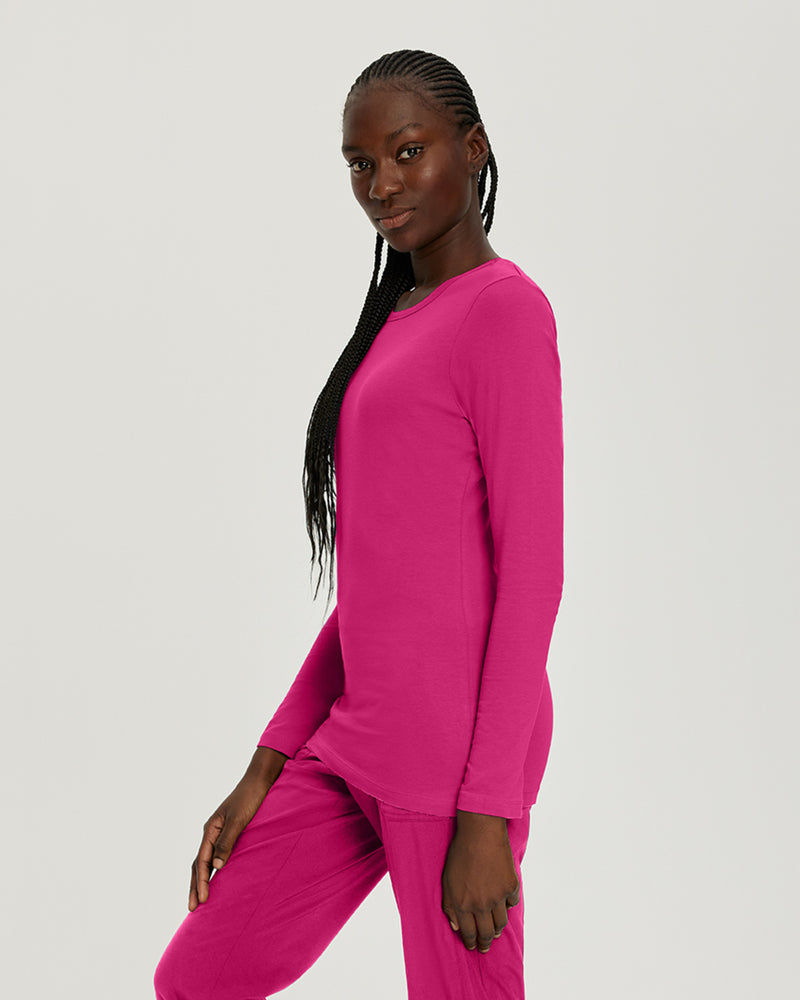 Fuchsia - White Cross Core Women's Long Sleeve Crew Neck Underscrub Scrub Tee for Nursing