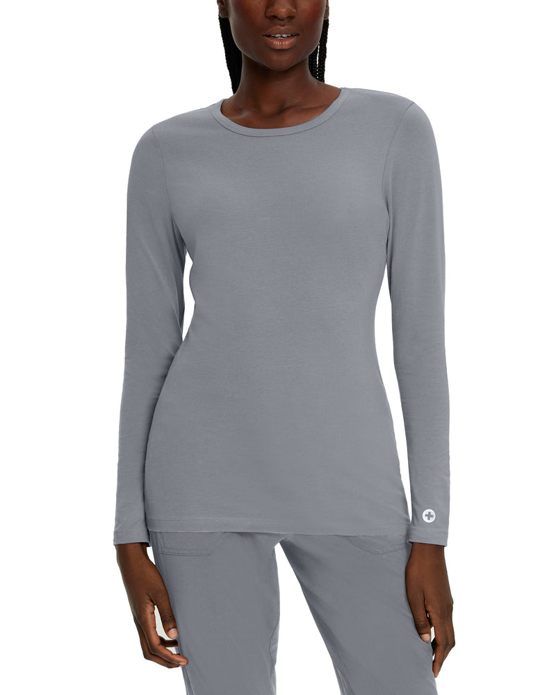 Grey - White Cross Core Women's Long Sleeve Crew Neck Underscrub Scrub Tee for Nursing