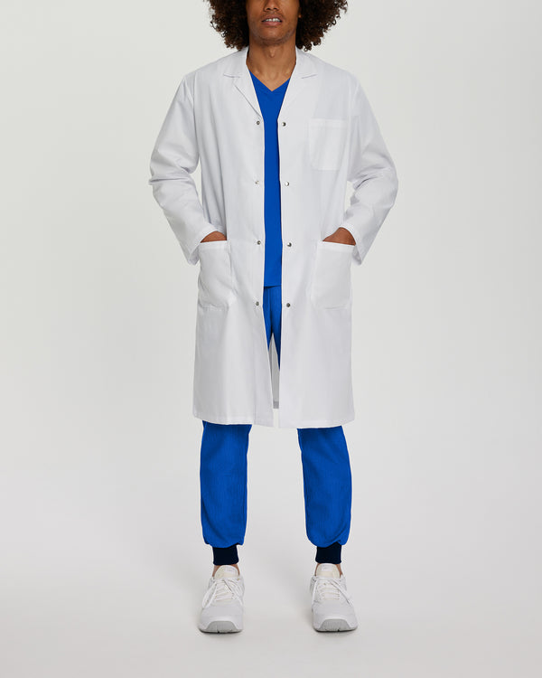 White Cross Core Unisex 3 Pocket Full Length Snap Front Medical Lab Coat for Healthcare Professionals