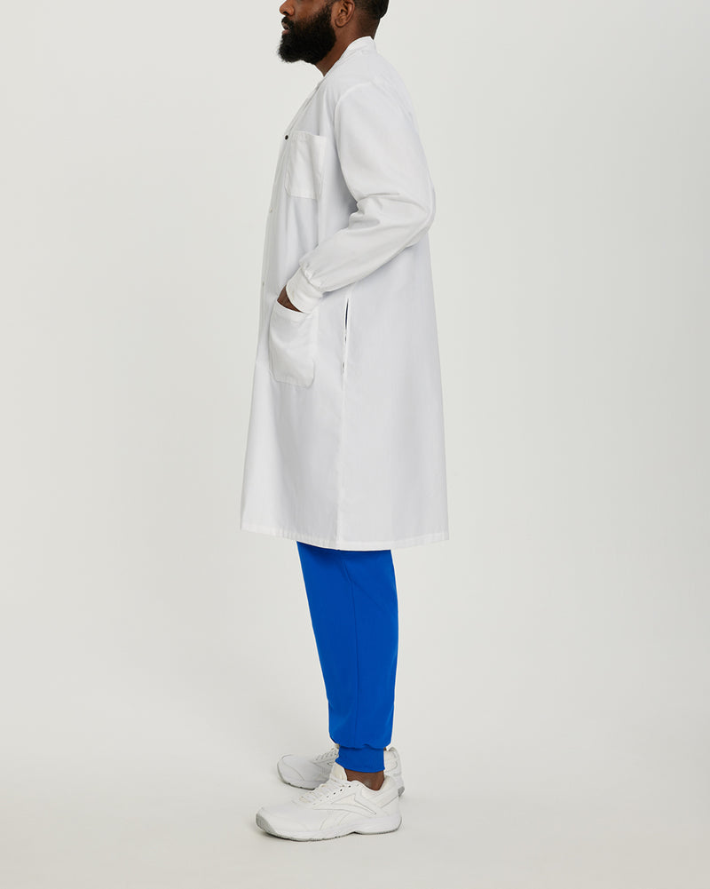 White - White Cross Core Unisex 3 Pocket Full Length Snap Front Knit Cuff Medical Lab Coat for Healthcare Professionals