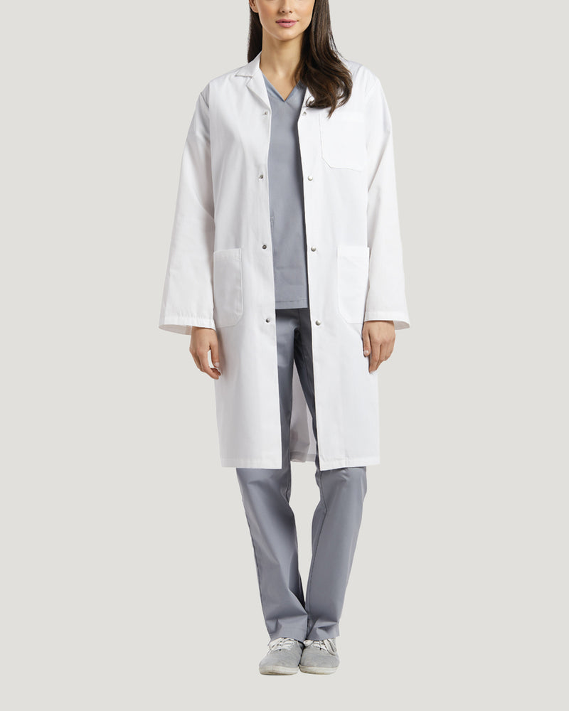 3-Pocket Full-Length Unisex White Coat with Snap Front Closure