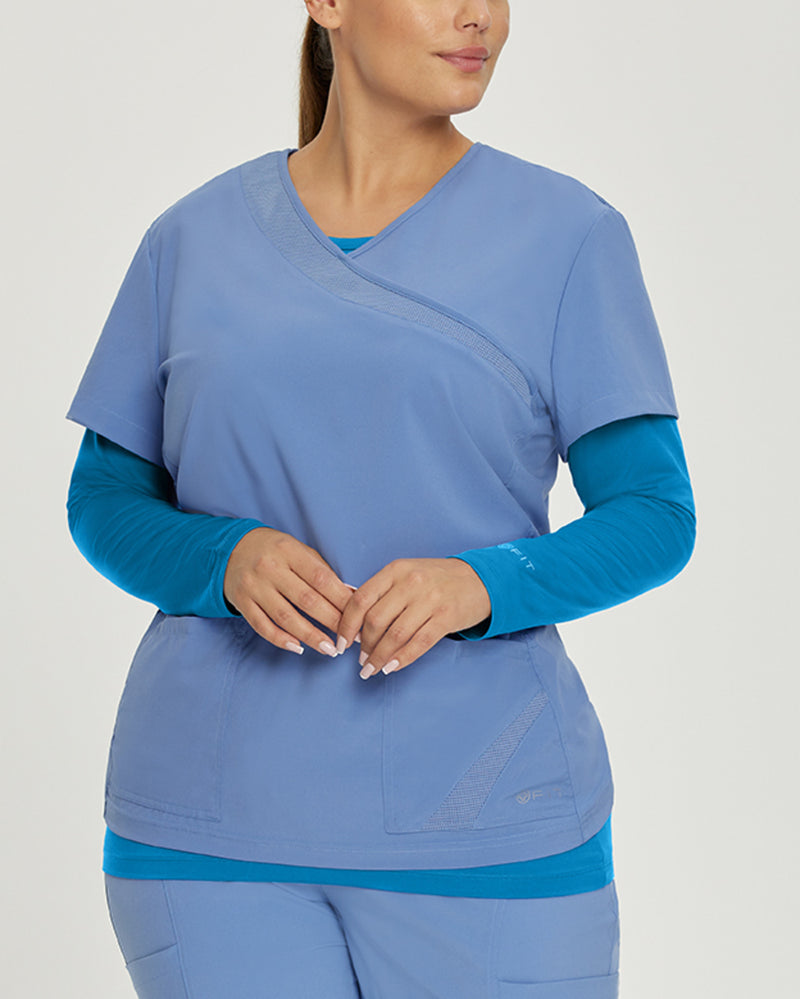 Pacific Blue - White Cross Fit Women's Long Sleeve Crew Neck Antimicrobial Underscrub Scrub Tee for Nursing