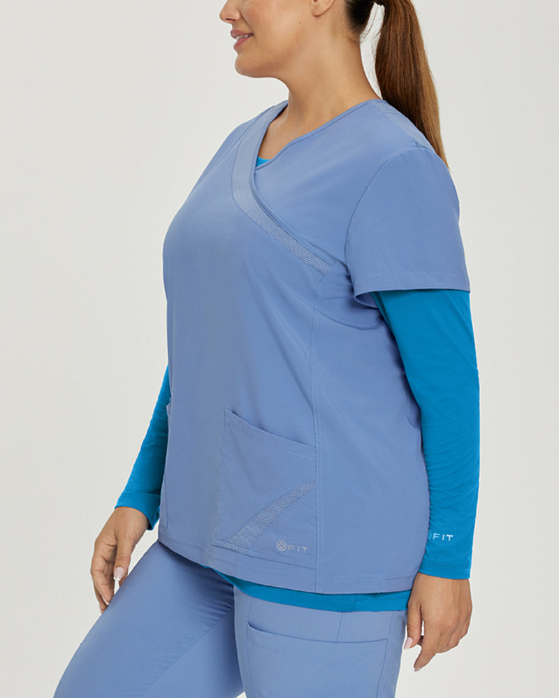 Pacific Blue - White Cross Fit Women's Long Sleeve Crew Neck Antimicrobial Underscrub Scrub Tee for Nursing