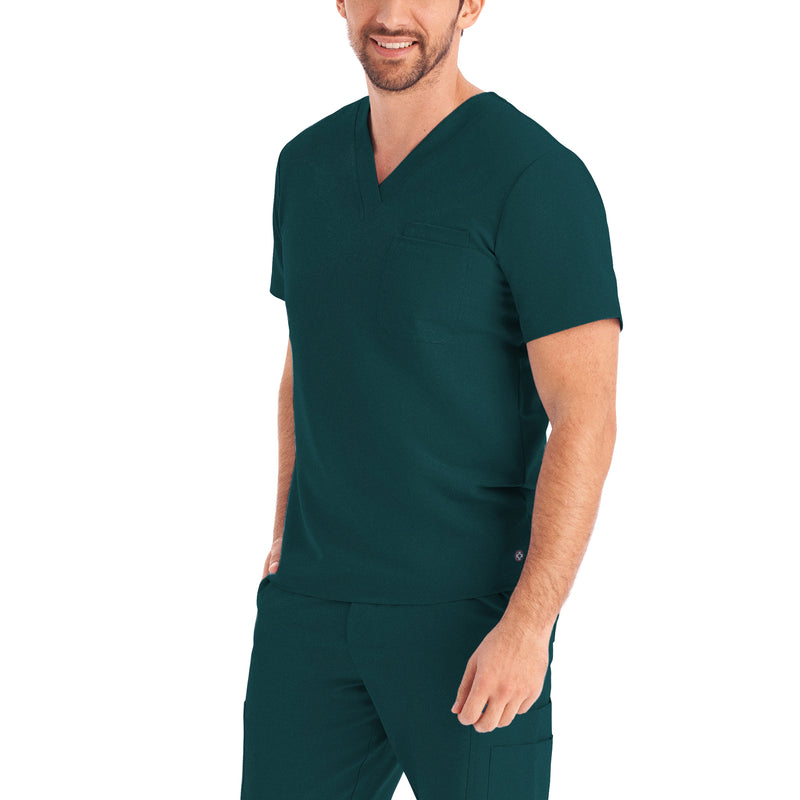 Caribbean Blue - White Cross V-Tess Men's 2 Pocket V-Neck Scrub Top for Nursing