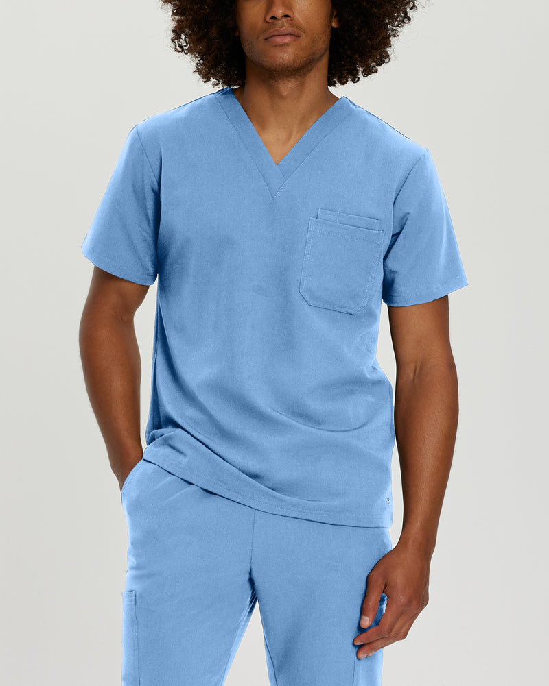 Ceil Blue - White Cross V-Tess Men's 2 Pocket V-Neck Scrub Top for Nursing