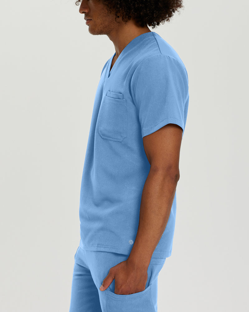 Ceil Blue - White Cross V-Tess Men's 2 Pocket V-Neck Scrub Top for Nursing