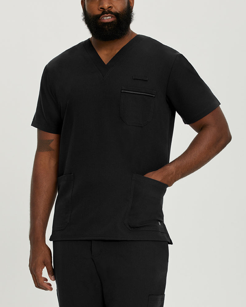Black - White Cross V-Tess Men's 3 Pocket V-Neck Scrub Top for Nursing