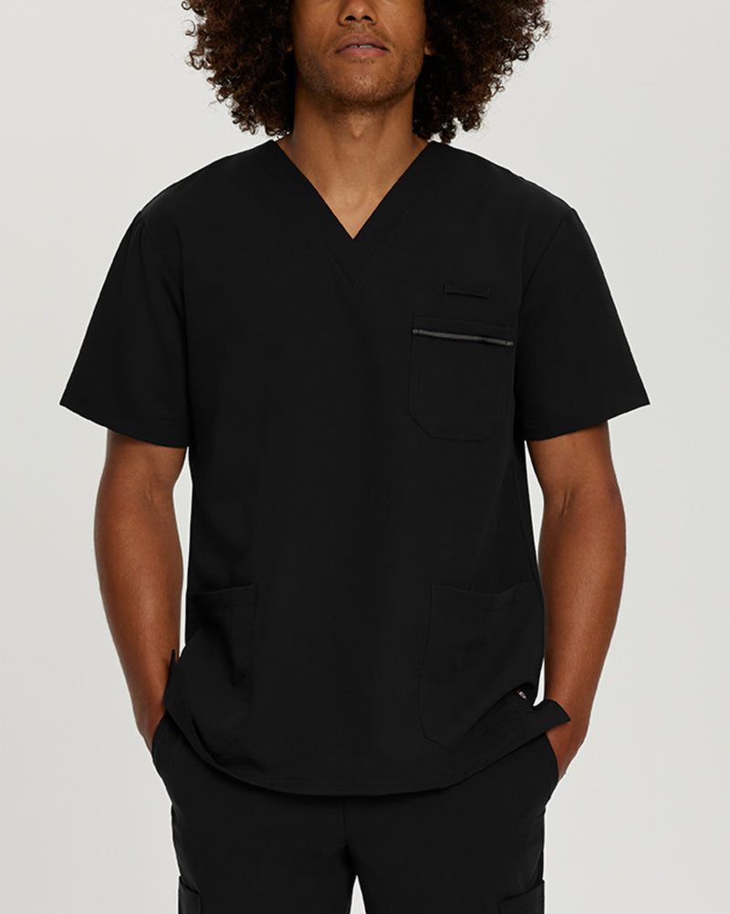 Black - White Cross V-Tess Men's 3 Pocket V-Neck Scrub Top for Nursing