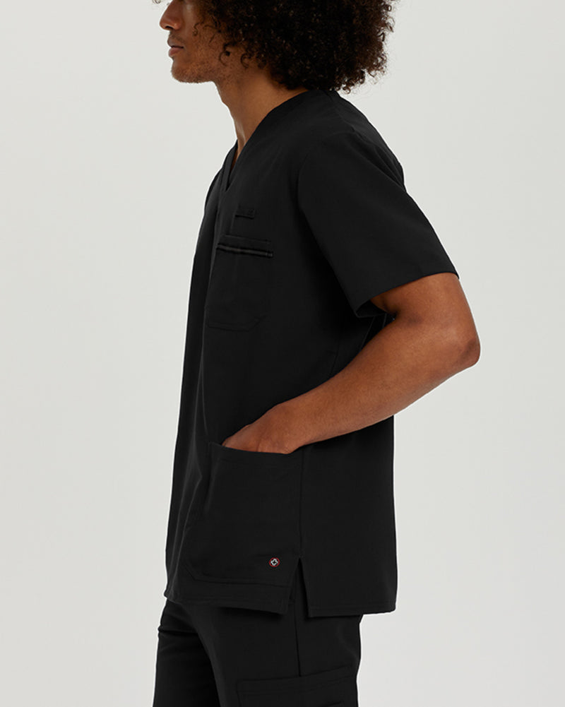 Black - White Cross V-Tess Men's 3 Pocket V-Neck Scrub Top for Nursing