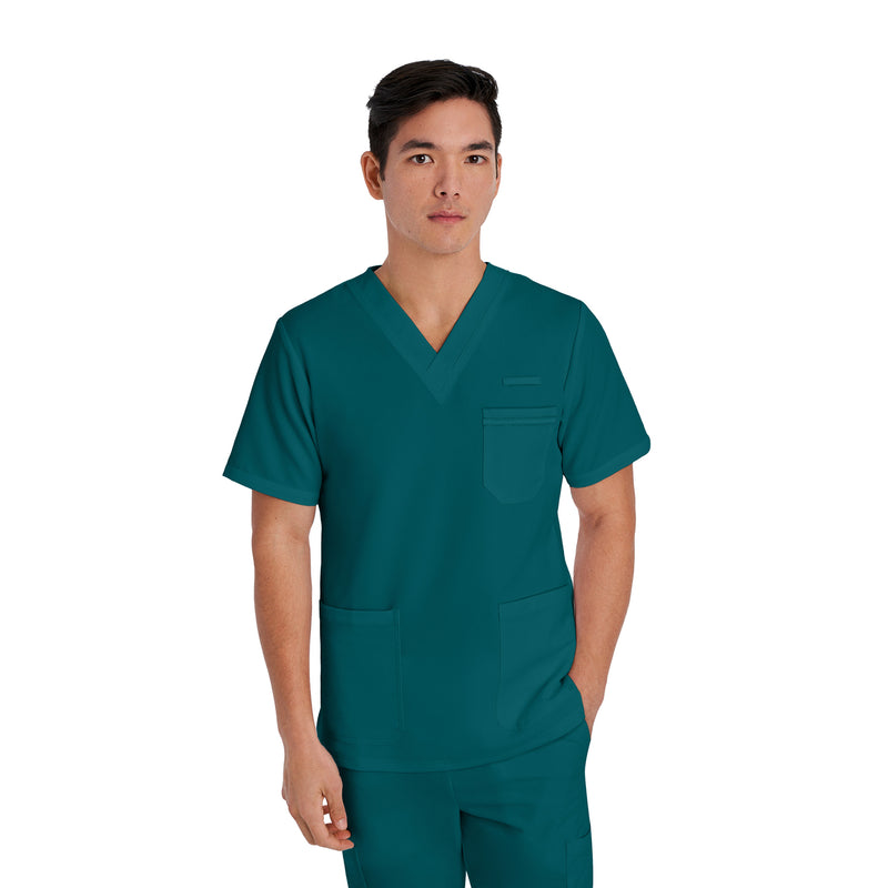 Caribbean Blue - White Cross V-Tess Men's 3 Pocket V-Neck Scrub Top for Nursing