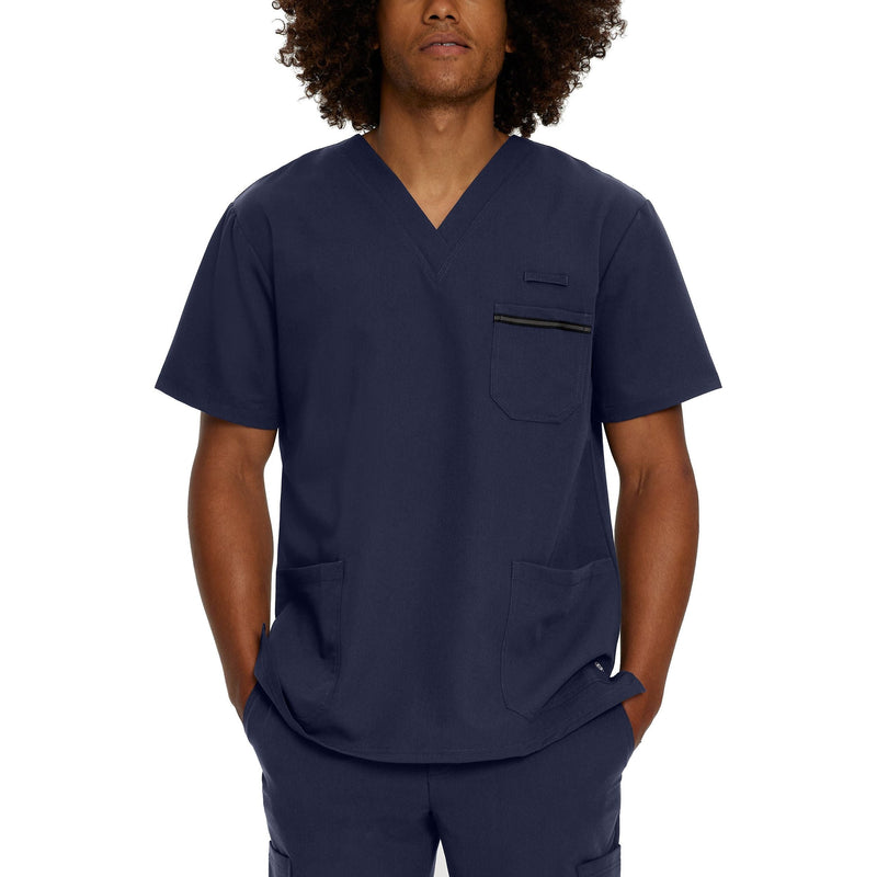 Navy - White Cross V-Tess Men's 3 Pocket V-Neck Scrub Top for Nursing