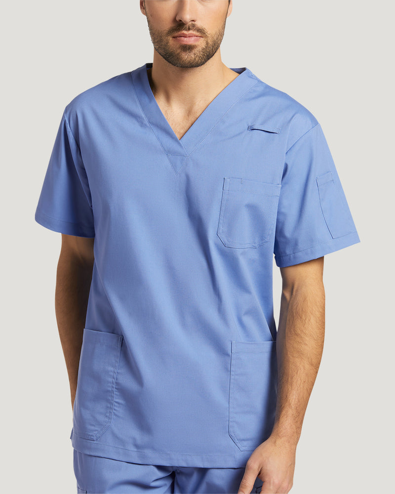 Ceil Blue - White Cross Duo Men's 3 Pocket V-Neck Scrub Top for Nursing