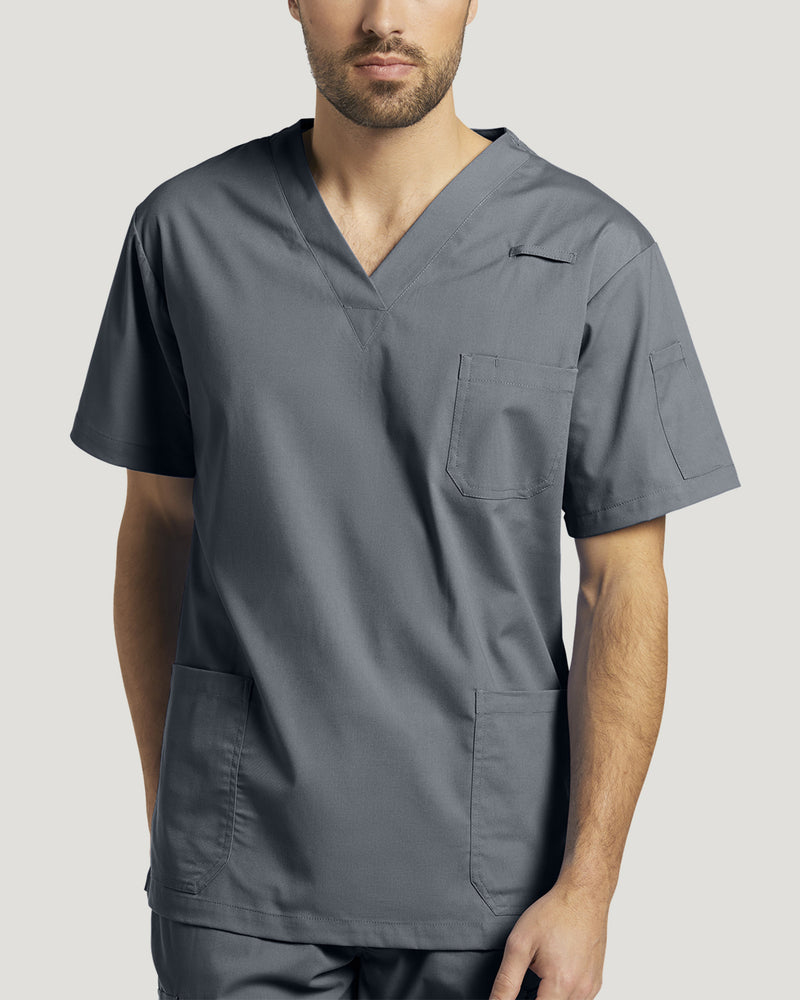 Pewter - White Cross Duo Men's 3 Pocket V-Neck Scrub Top for Nursing