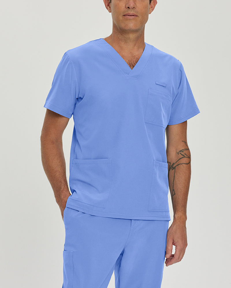 Ceil Blue - White Cross Fit Men's 3 Pocket V-Neck Moisture Wicking Scrub Top for Nursing