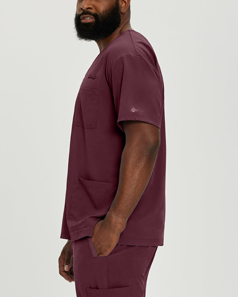 Wine - White Cross Fit Men's 3 Pocket V-Neck Moisture Wicking Scrub Top for Nursing