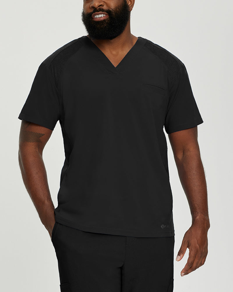 Black - White Cross Fit Men's 3 Pocket V-Neck Mesh Panel Moisture Wicking Scrub Top for Nursing