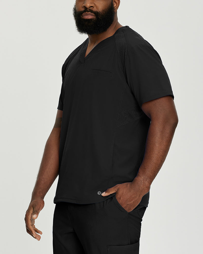 Black - White Cross Fit Men's 3 Pocket V-Neck Mesh Panel Moisture Wicking Scrub Top for Nursing