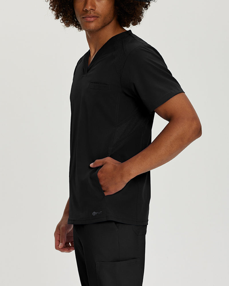Black - White Cross Fit Men's 3 Pocket V-Neck Mesh Panel Moisture Wicking Scrub Top for Nursing