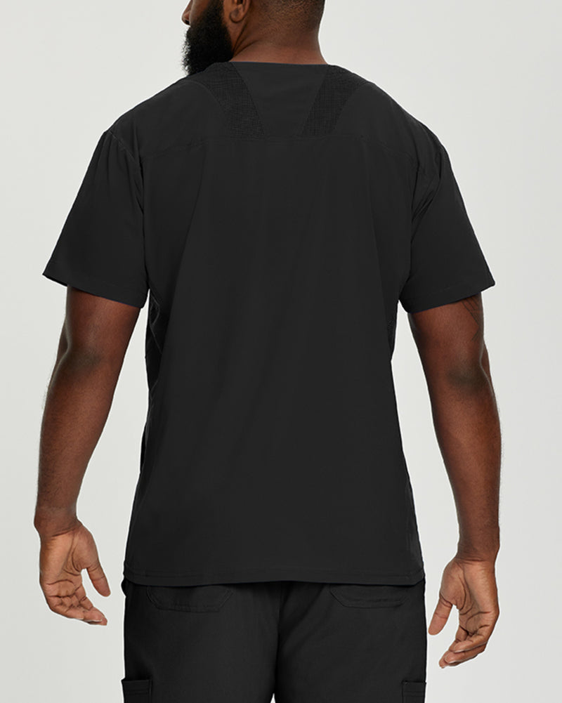 Black - White Cross Fit Men's 3 Pocket V-Neck Mesh Panel Moisture Wicking Scrub Top for Nursing