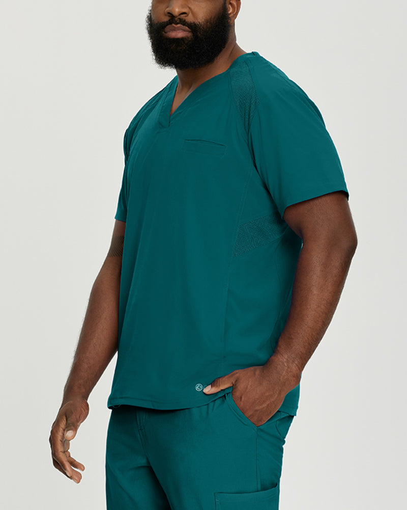 Caribbean Blue - White Cross Fit Men's 3 Pocket V-Neck Mesh Panel Moisture Wicking Scrub Top for Nursing