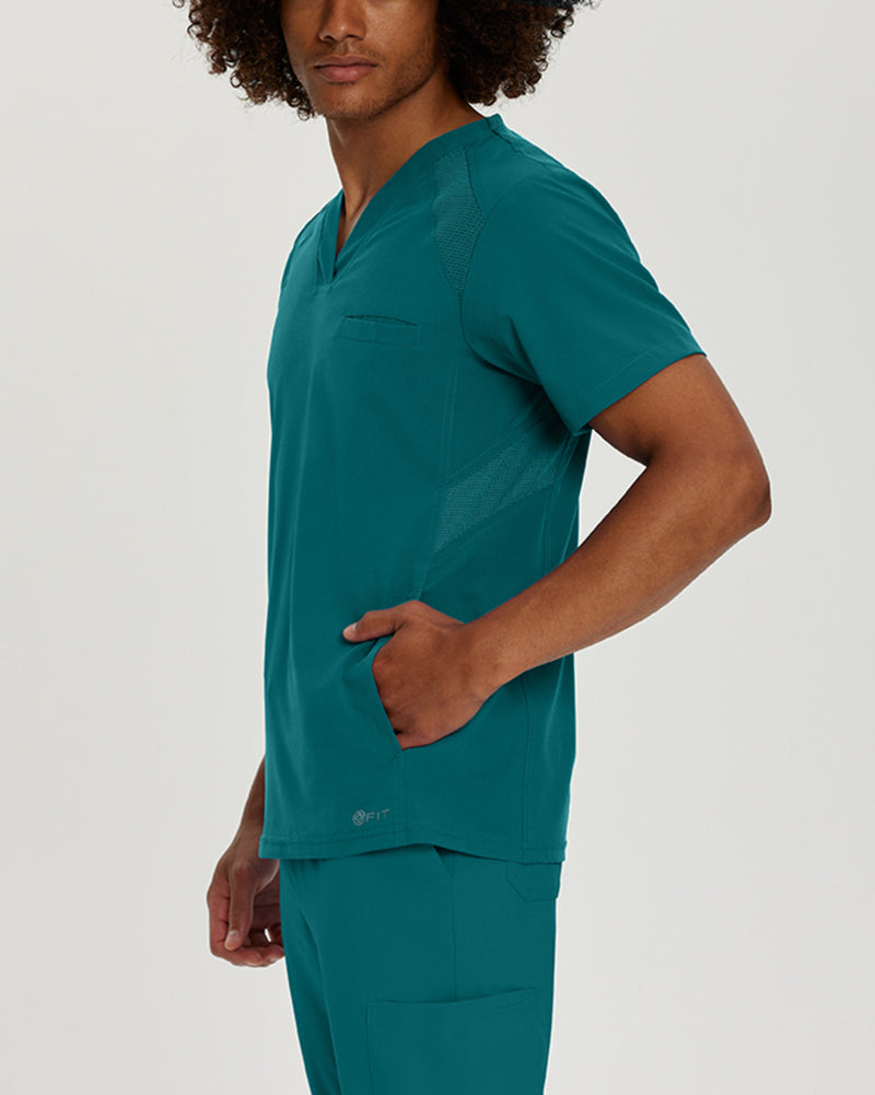 Caribbean Blue - White Cross Fit Men's 3 Pocket V-Neck Mesh Panel Moisture Wicking Scrub Top for Nursing