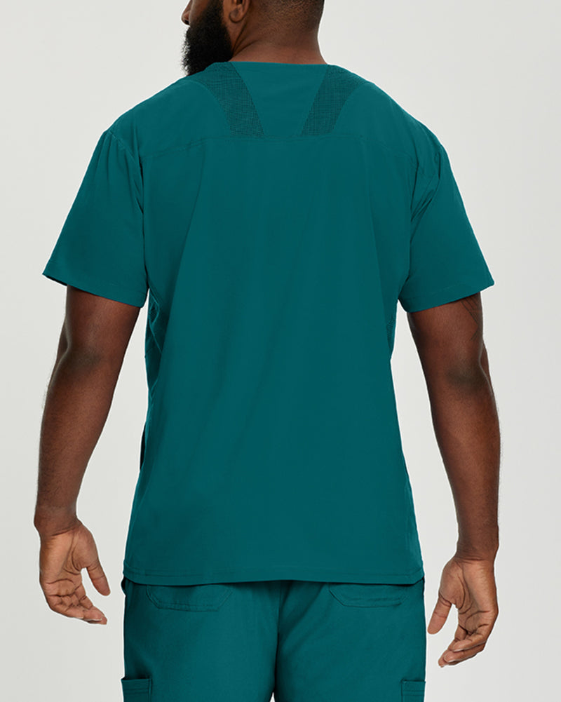 Caribbean Blue - White Cross Fit Men's 3 Pocket V-Neck Mesh Panel Moisture Wicking Scrub Top for Nursing