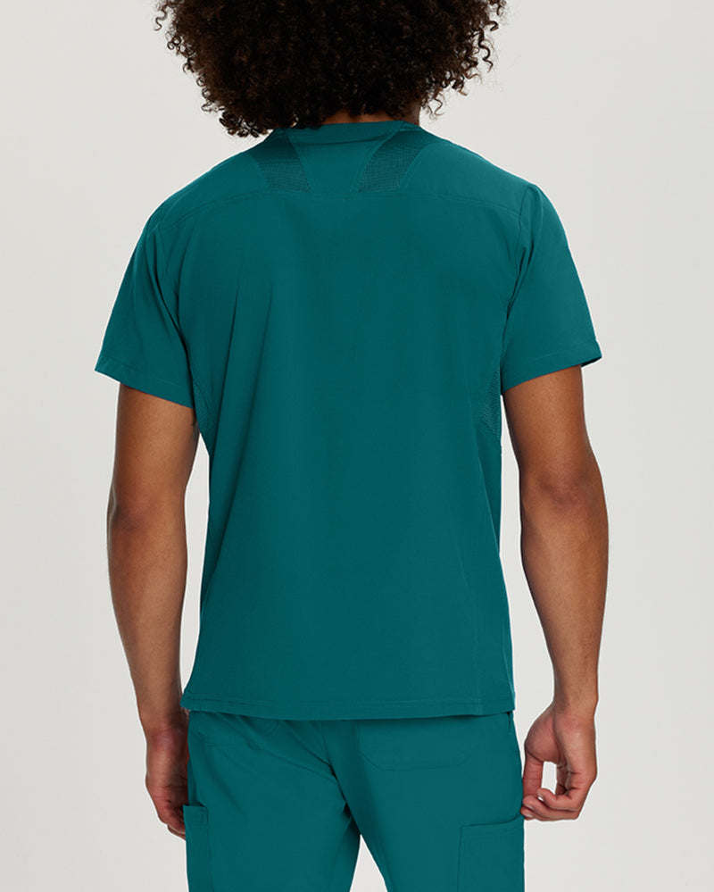 Caribbean Blue - White Cross Fit Men's 3 Pocket V-Neck Mesh Panel Moisture Wicking Scrub Top for Nursing