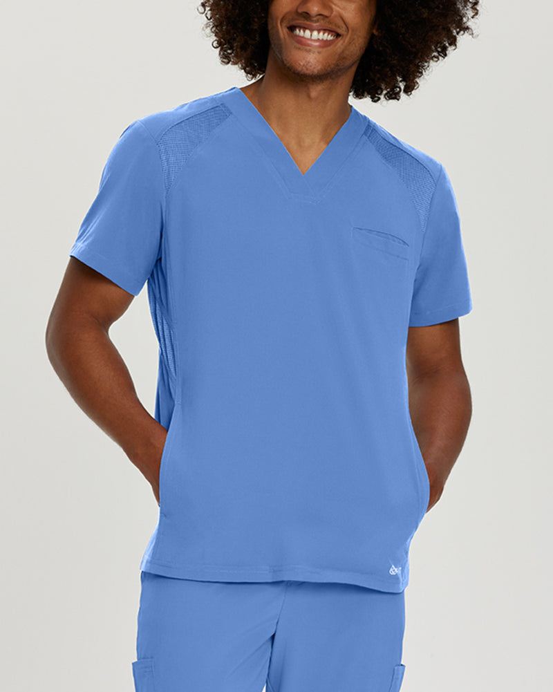 Ceil Blue - White Cross Fit Men's 3 Pocket V-Neck Mesh Panel Moisture Wicking Scrub Top for Nursing