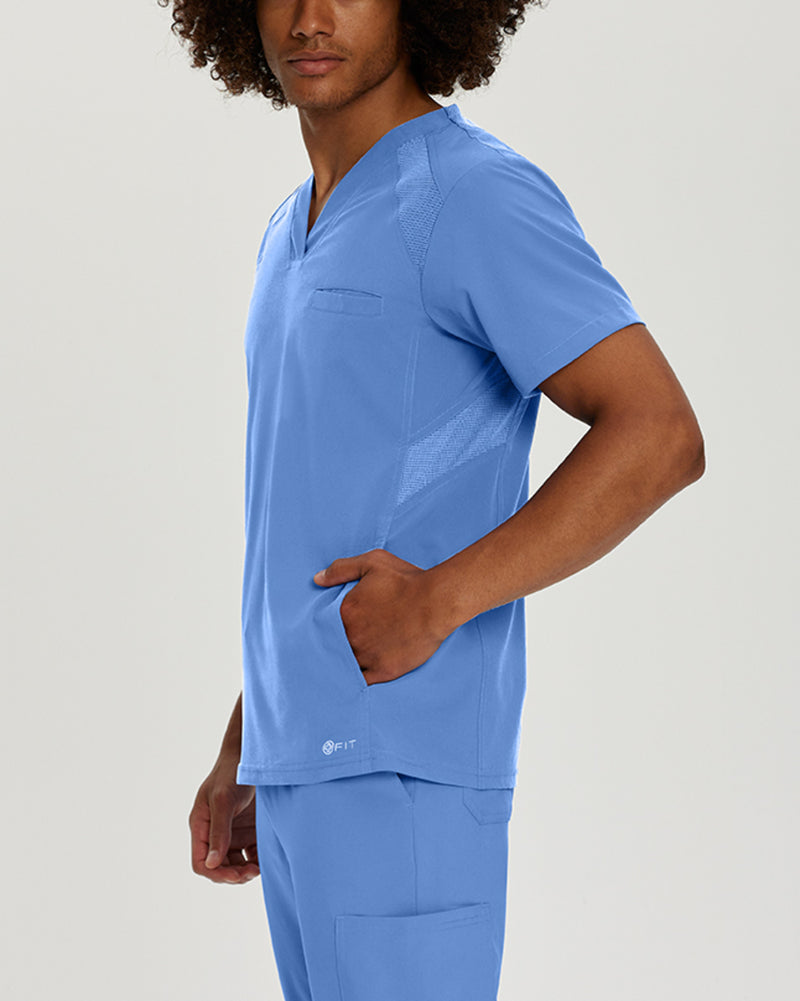 Ceil Blue - White Cross Fit Men's 3 Pocket V-Neck Mesh Panel Moisture Wicking Scrub Top for Nursing