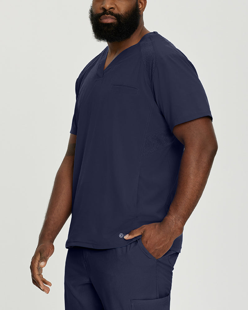 Navy - White Cross Fit Men's 3 Pocket V-Neck Mesh Panel Moisture Wicking Scrub Top for Nursing