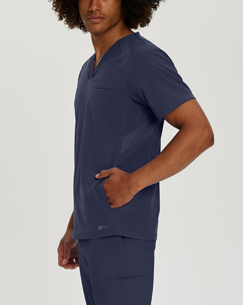 Navy - White Cross Fit Men's 3 Pocket V-Neck Mesh Panel Moisture Wicking Scrub Top for Nursing