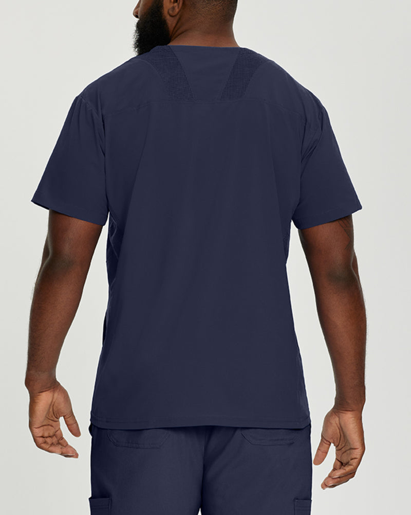 Navy - White Cross Fit Men's 3 Pocket V-Neck Mesh Panel Moisture Wicking Scrub Top for Nursing