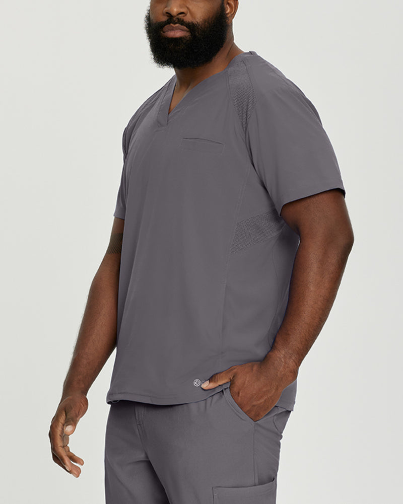 Pewter - White Cross Fit Men's 3 Pocket V-Neck Mesh Panel Moisture Wicking Scrub Top for Nursing