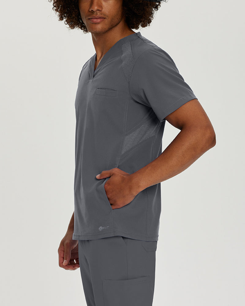 Pewter - White Cross Fit Men's 3 Pocket V-Neck Mesh Panel Moisture Wicking Scrub Top for Nursing