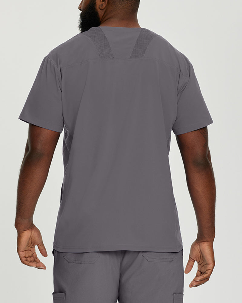 Pewter - White Cross Fit Men's 3 Pocket V-Neck Mesh Panel Moisture Wicking Scrub Top for Nursing