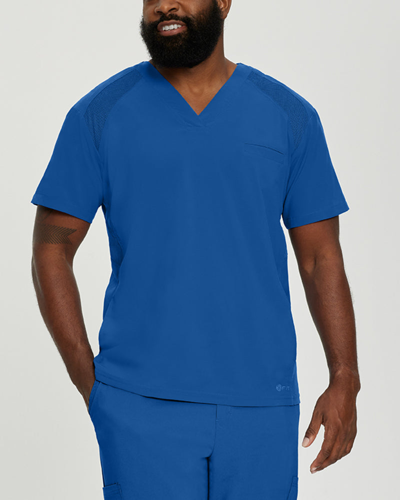 Royal Blue - White Cross Fit Men's 3 Pocket V-Neck Mesh Panel Moisture Wicking Scrub Top for Nursing