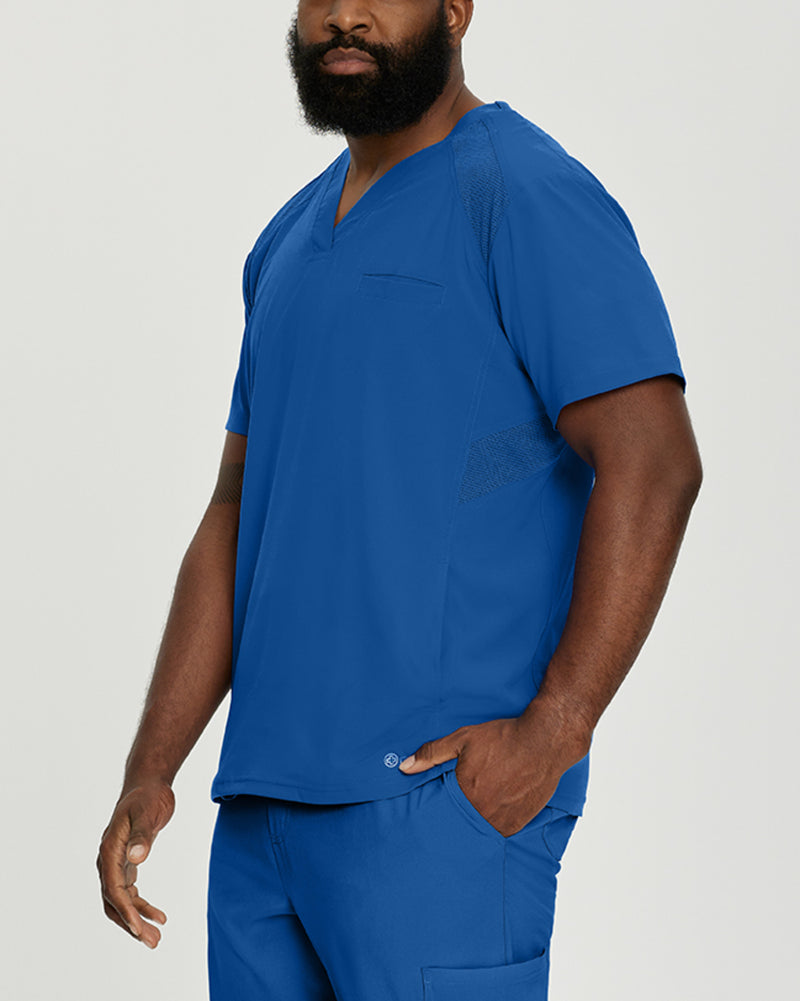 Royal Blue - White Cross Fit Men's 3 Pocket V-Neck Mesh Panel Moisture Wicking Scrub Top for Nursing