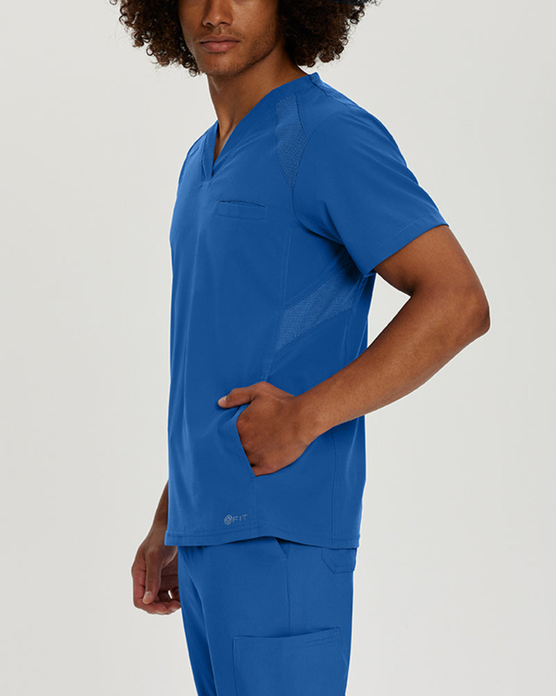 Royal Blue - White Cross Fit Men's 3 Pocket V-Neck Mesh Panel Moisture Wicking Scrub Top for Nursing