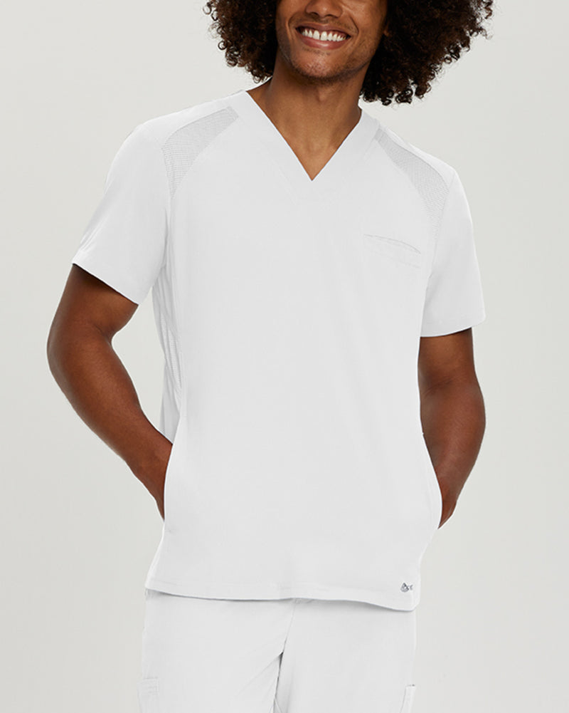 White - White Cross Fit Men's 3 Pocket V-Neck Mesh Panel Moisture Wicking Scrub Top for Nursing