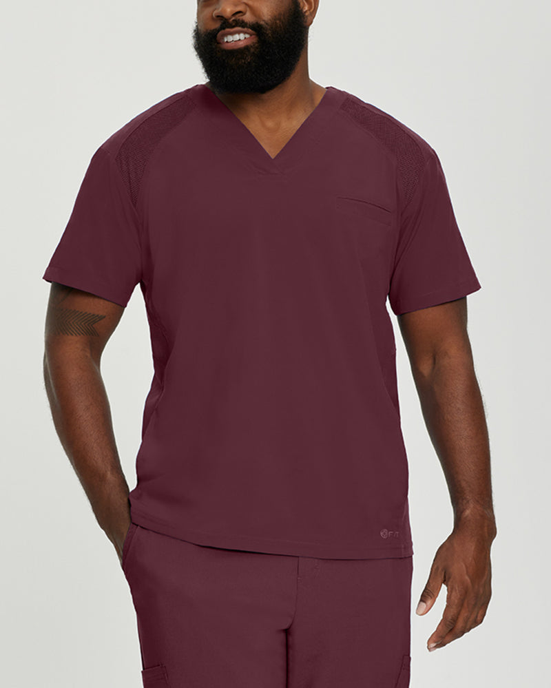 Wine - White Cross Fit Men's 3 Pocket V-Neck Mesh Panel Moisture Wicking Scrub Top for Nursing