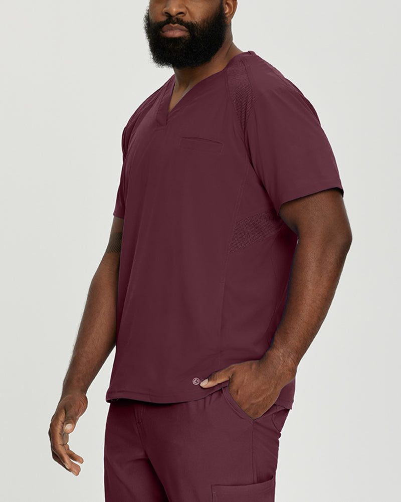 Wine - White Cross Fit Men's 3 Pocket V-Neck Mesh Panel Moisture Wicking Scrub Top for Nursing