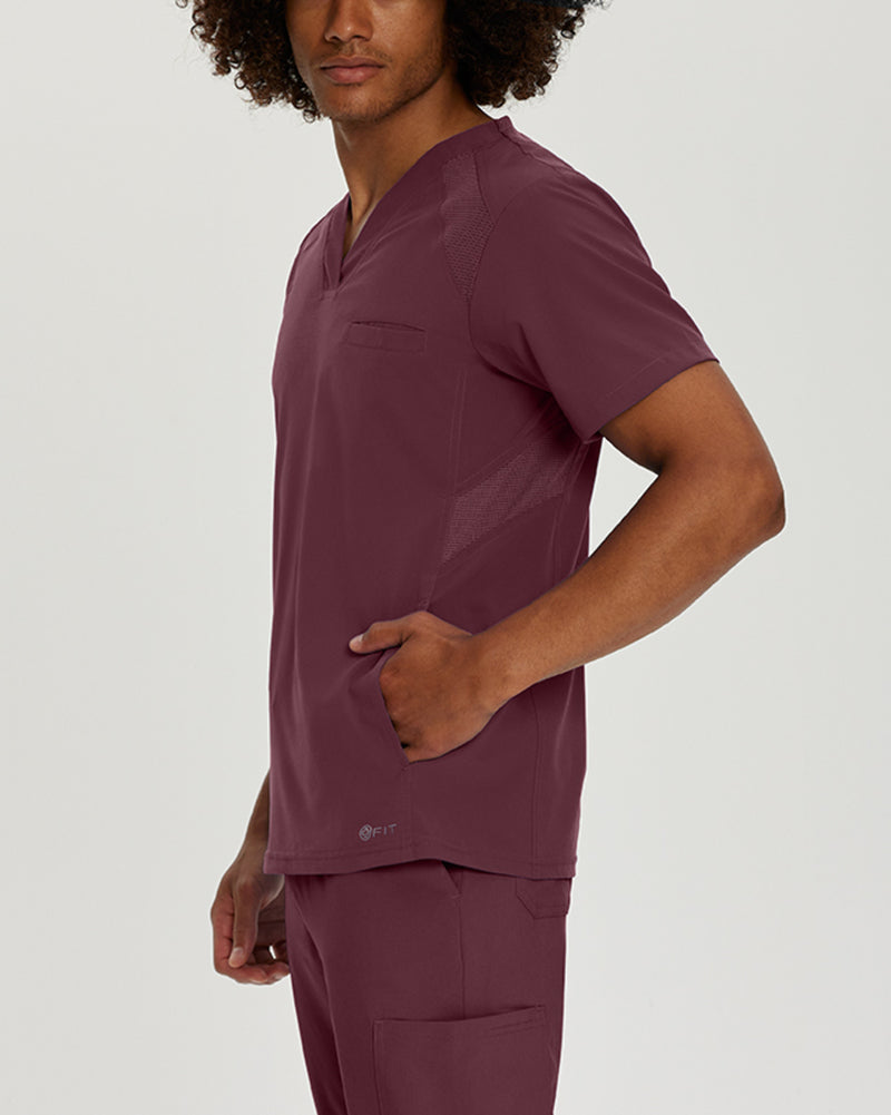 Wine - White Cross Fit Men's 3 Pocket V-Neck Mesh Panel Moisture Wicking Scrub Top for Nursing
