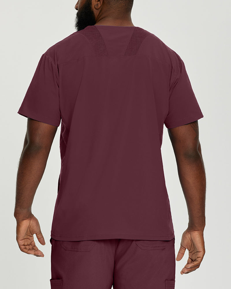 Wine - White Cross Fit Men's 3 Pocket V-Neck Mesh Panel Moisture Wicking Scrub Top for Nursing