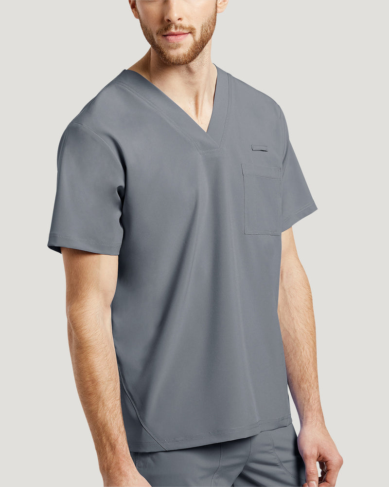 Pewter - White Cross Fit Men's 2 Pocket V-Neck Mesh Panel Quick Dry Scrub Top for Nursing