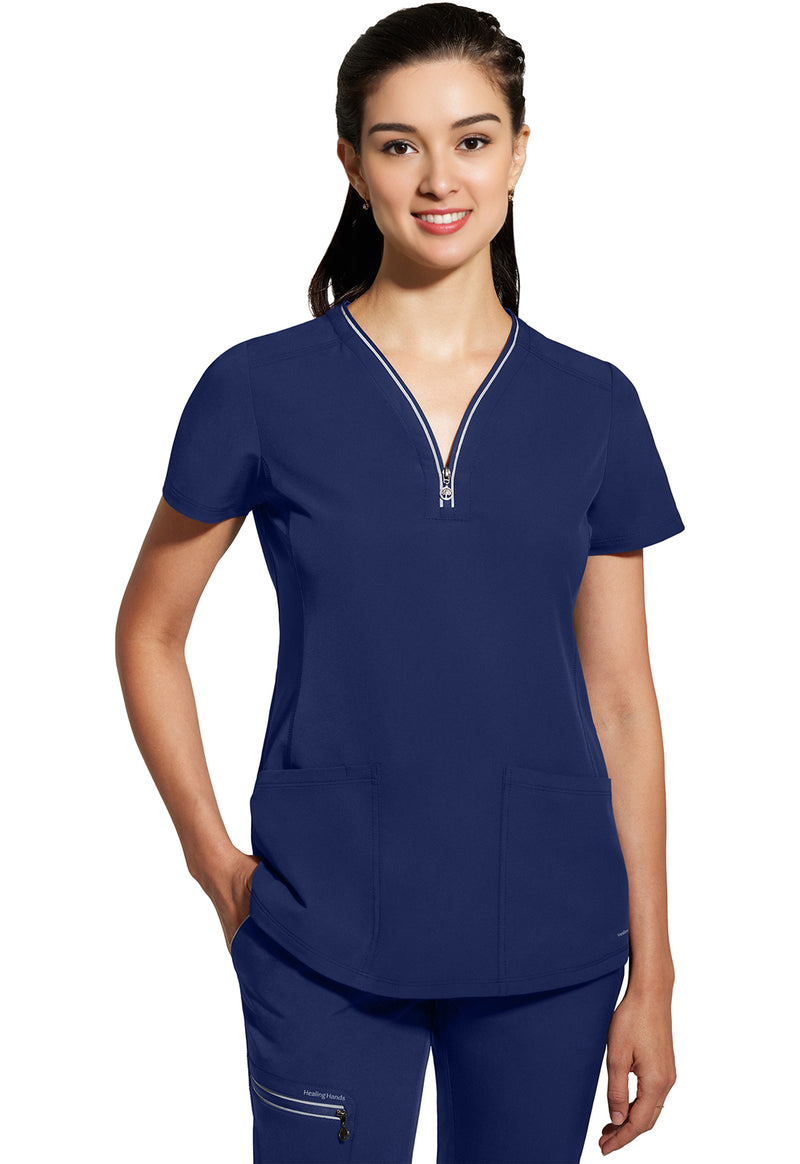 Navy - Healing Hands 360 Women Scrub Top - Front View