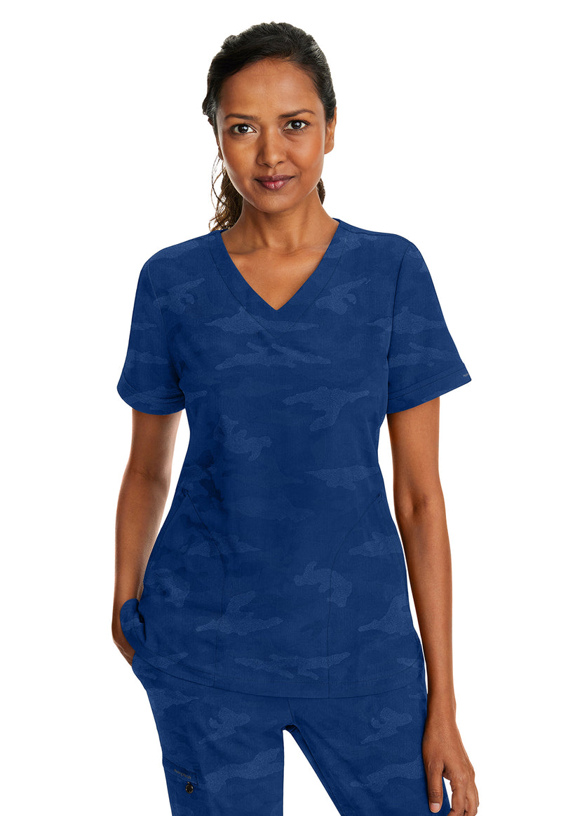 Navy - Healing Hands Purple Label Jacquard Women Scrub Top - Front View