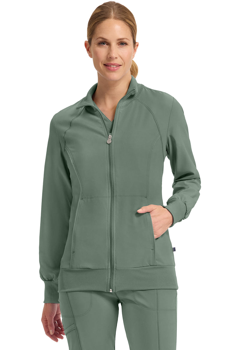 Olive - Cherokee IN Infinity Women Scrub Jacket - Front View